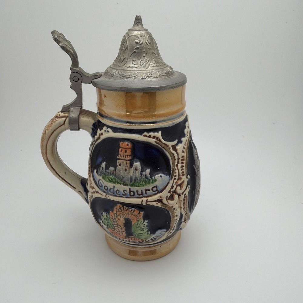 Vintage German Beer Stein Mug Made In Germany Pewter Lid Cities